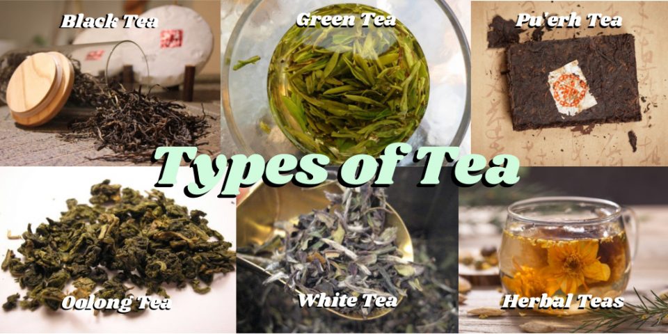 Six paneled image of each type of tea and the title text